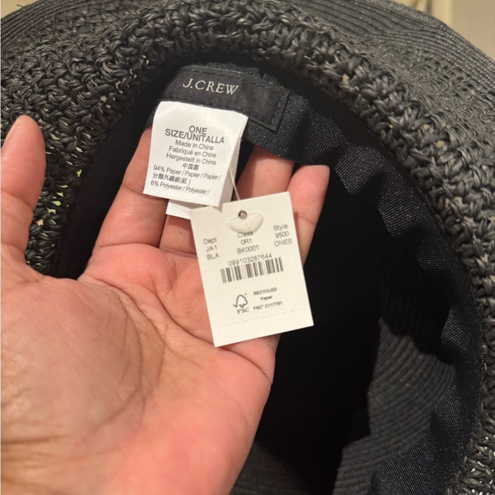J. Crew Elegant Textured Straw Black Wide-Brim Hat - Picture 2 of 4